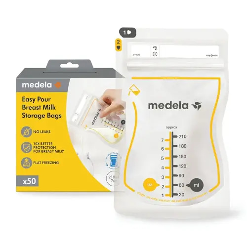 Medela Easy Pour Breastmilk Storage Bags | 50 Count 210ml | Disposable Leakproof Breast Milk Bags with Milk Protection | Recyclable & BPA Free