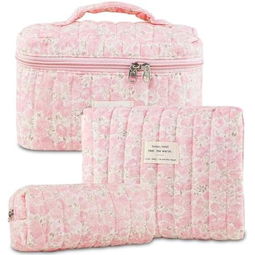 3Pcs Quilted Makeup Bag for Women, Large Travel Makeup Bag Set, Cute Aesthetic Cosmetic Bags, Floral Cotton Makeup Pouch Coquette Toiletry Organizer Bag