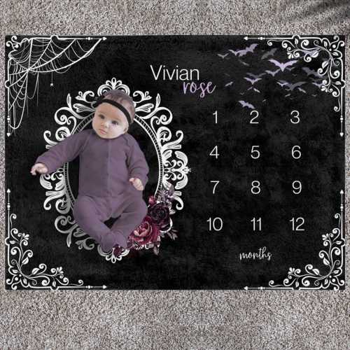 Personalized Gothic Bats Baby Blanket | Velveteen and Sherpa Name Blanket for Newborn, Custom Goth Blanket Gift, Monthly Growth Tracker,