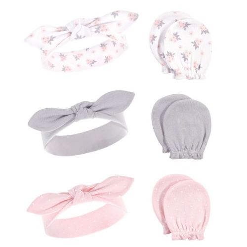 Hudson Baby Infant Girls Cotton Headband and Scratch Mitten 6pc Set, Pink Gray Floral, 0-6 Months