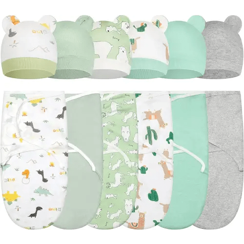 ramede 6 Pack Baby Swaddle Blanket with Hats Sleep Swaddle for 0-3 Months 6-13 Lbs Preemie Newborn Sacks Soft Cotton Wearable for Baby Boy and Girl Sleeping(Green,Alpaca)