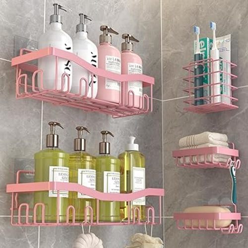 Adhesive Shower Caddy, No Drilling Bath Organizers 5 Pack, Rustproof Shelves with Soap Holder & Toothbrush Holder, Pink Bathroom Accessories Decor Set