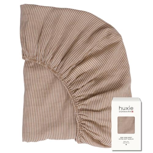 Huxie Mini Crib Sheets – Organic Cotton Muslin Fitted Crib Sheet – Fitted for Pack and Play 24" x 38" Ultra-Soft and Breathable (Natural Stripe)