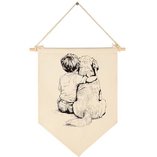 Dog Drawing-Canvas Banner Flag Pennant Poster Sign Wall Decor Gift for Baby Boy Kid Nursery Baby Room Bedroom Playroom Front Door Farmhouse Country-Birthday Christmas Gift-Boy and Goldendoodle