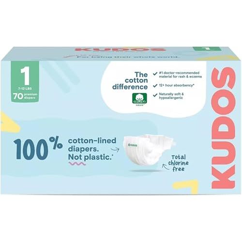 Kudos Chlorine Free Premium Diapers, 100% Cotton-Lined - Ultra Soft - Size 1, 70 Count