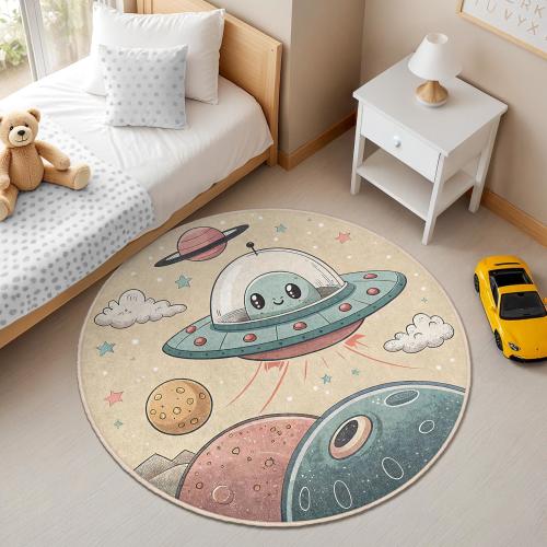 Space Alien Kids Round Rug - Cute UFO Galaxy Nursery Mat - Outer Space Toddler Playroom Carpet - Planet Theme Circle Floor Decor