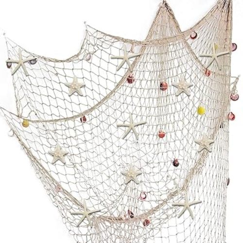 79 x 59 inch Nature Fish Net Wall Decoration with Colorful Sea Shells and 10 Pcs Natural Starfish Ocean Themed Mediterranean Style Fishing Net for Beach Party,Wedding,photography Wall Decoration