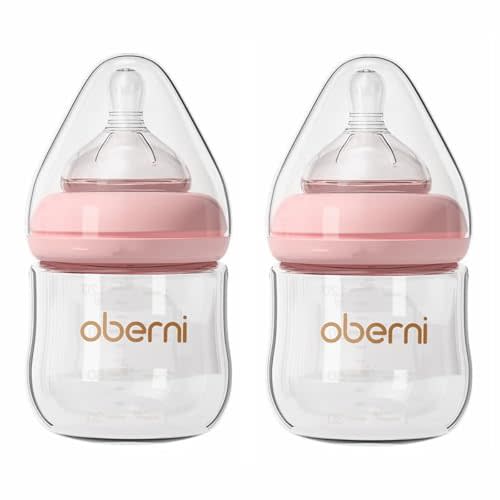 Oberni Glass Baby Bottles,Anti Colic Breastfeeding Bottle with Natural Response Nipple Size S,Wide Neck Slow Flow Baby Bottle for Babies,Newborn,Preemie 0-3 0-6 Months,BPA Free (Pink, 2 Pack, 4 Ounce)
