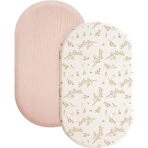 Konssy 2 Pack Muslin Fitted Bassinet Sheets for Baby Girl Boy, Soft Breathable Baby Bassinet Sheets Fit for Baby Bassinets, Cradle, Moses Basket Oval Rectangle Pad/Mattress (Pink, Floral)