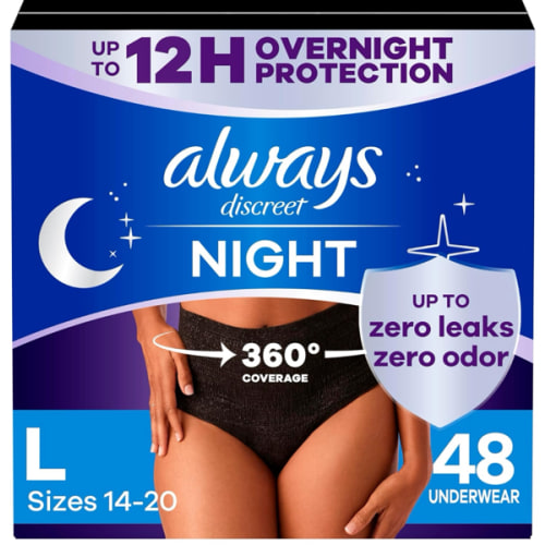 Always Discreet Overnight Adult Incontinence & Postpartum Bladder Leak Underwear for Women, Disposable, Large, 48 Count (3 Packs of 16)