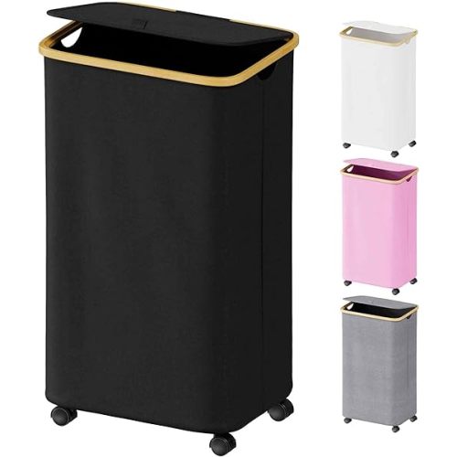 SUOCO Laundry Hamper on Wheels 100L, Clothes Basket with Lid and Bamboo Handles, Foldable Laundry Hamper for Bedroom, Bathroom, Dorm, Laundry Room - Black