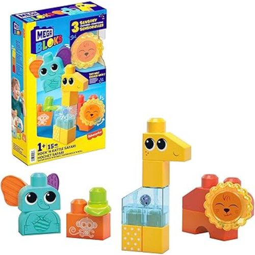 Mega BLOKS Fisher-Price Toddler Building Blocks Toy Set, Rock ‘n Rattle Safari with 15 Pieces, 3 Buildable Animals, Ages 1+ Years