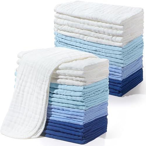 Buryeah 20 Pcs Burp Cloths Large 20" x 10" 100% Cotton Hand Washcloths 6 Layers Extra Absorbent and Soft (Cool Colors)