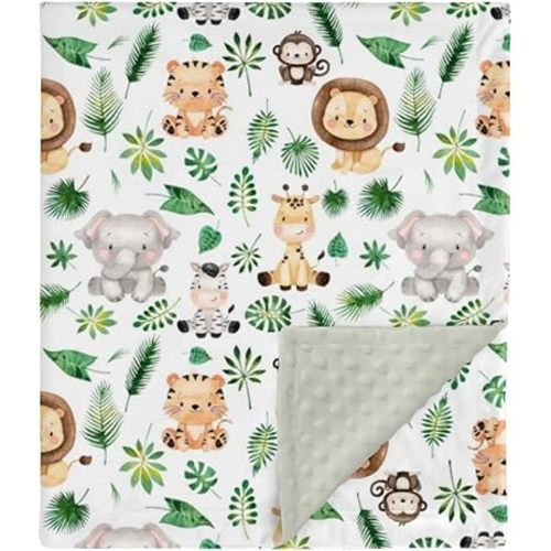 HawSkgFub Safari Jungle Animals Mink Baby Blankets with Dotted Backing Boy Girl Shower Gift, Green Tropical Plant Double Layer Nursery Swaddle, Soft Newborn Infant Toddler Bed Crib Bedding 30 x 40