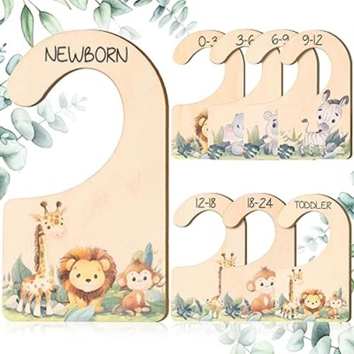 Baby Closet Dividers for Clothes Organizer - Set of 8 Safari Animal Wooden Double-Sided Baby Clothes Size Hanger Organizer from Newborn to 24 Months for Nursery Beautiful Decor
