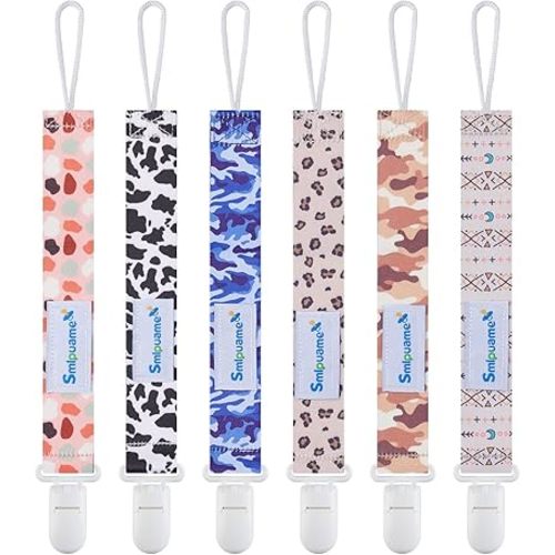 Smlpuame Pacifier Clip for Baby Boys Girl,6 Pack Stylish Binky Clips Strap,Paci Holder with Clips Universal Lightweight Fits Most Pacifiers Teeher Toy Teething Ring,Baby Gifts(Boho & Leopard & Camo)