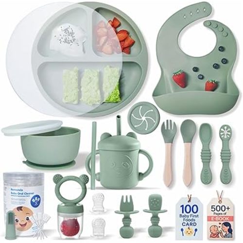 Remonda 23-Piece BPA-Free Silicone Baby Feeding Set | Extra Large Suction Plates, Toddler Bowls, Self Feeding Spoons, and More | Dishwasher Safe| Baby Led Weaning Supplies (Green A1)