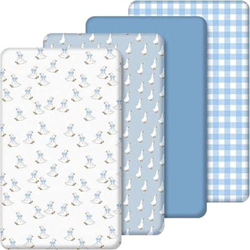 4 Pack Silly Goose Baby Crib Fitted Sheet for Boys Girls 52" x 28" Fitted Baby Sheet with Silly Goose and Gingham Style for Standard Mattress Gift Set, Microfiber & Soft Breathable(Blue)