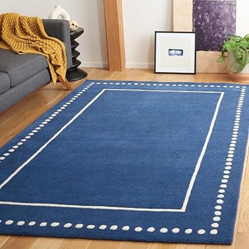 SAFAVIEH Bella Collection Area Rug - 5' x 8', Navy Blue & Ivory, Handmade Dotted Border Wool, Ideal for High Traffic Areas in Living Room, Bedroom (BEL151G)