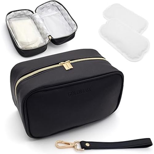 Breast Milk Cooler Travel Bag - Waterproof Breastmilk Storage Bag Cooler w/Ice Pack, Checkerboard Interior, Leather Strap, & More, Versatile Insulated Cooler Bag, Deal Baby Travel Essentials (Black)