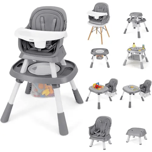 INFANS 9 in 1 High Chair, Convertible Baby Highchair for Babies and Toddlers, Table and Chair Set Building Block Infant Dining Booster Seat, Kids Stool with Activity Children Play Kitchen (Grey)