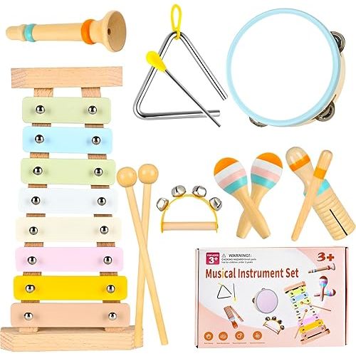 Baby Musical Instruments for Toddlers Montessori Toys, DUDUCOFU Wooden Musical Toys with 12 Pcs Percussion Instruments Early Learning Music Toys Gift for 1 2 3 Year Old Kids Baby Toddlers Boys Girls