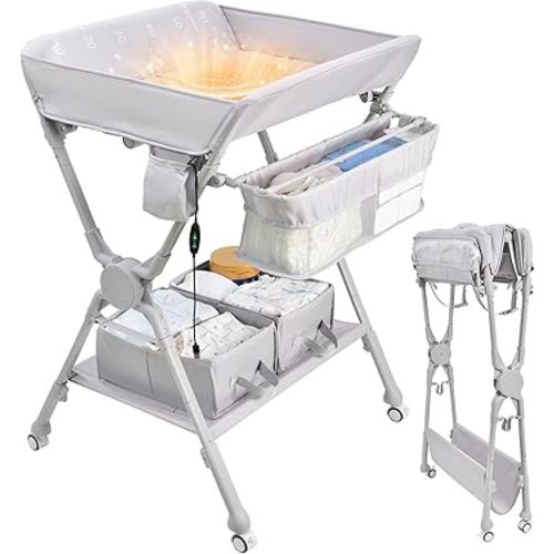 Baby Changing Table, Auto Warmer Portable Folding Changing Table with Wheels, Waterproof Diaper Changing Station with 2 Drawers, Adjustable Height, Baby Changing Station for Infant, Newborn