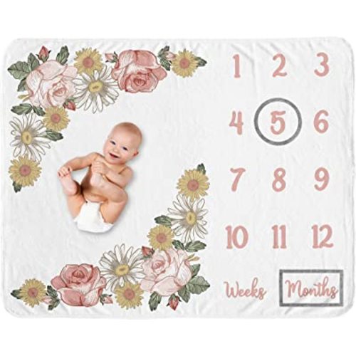 Sweet Jojo Designs Vintage Floral Boho Girl Milestone Blanket Monthly Newborn First Year Growth Mat Baby Shower Memory Keepsake Gift Picture - Blush Pink Yellow Green Shabby Chic Rose Flower Farmhouse