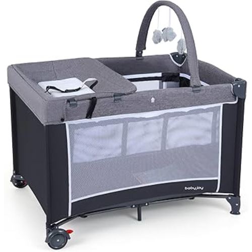 BABY JOY 3 in 1 Pack and Play, Travel Crib Bassinet Bed for Baby, Changing Table w/Safety Belt, Toy Bar, Lockable Wheels, Portable Baby Playard from Newborn to Toddler