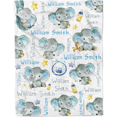 Personalized Elephant Baby Blanket for Boy Girl Custom Name Blanket for Baby Shower Customized Birthday Christmas Newborn Gifts