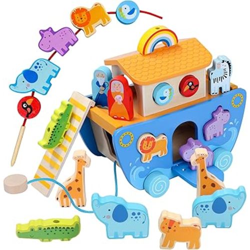 Wooden Noah's Ark Toy with Animal Shape Sorter,Baptism Gifts for 1 2 3 4 Years Old,Montessori Toys for Toddlers,Boys and Girls,24 Months Babies