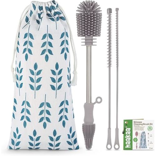 haakaa Silicone Cleaning Brush Kit - SUVA Grey - Bottle Brush for Breast Pumps, Breast Milk Collector, Baby Bottles, Nipples, Breastmilk Storage Bags