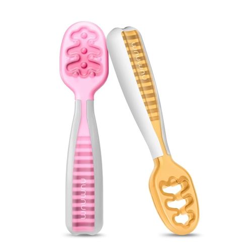 NumNum Baby Spoons Set, Baby Essentials Pre-Spoon GOOtensils for 6+ Months, First Stage Self-Feeding Spoons for Baby Led Weaning (BLW), Silicone Toddler Utensils, BPA-Free, 2 Pack Pink/Orange