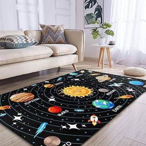 Kids Carpet Outer Space Rug, Solar System Mat 3x5 FT, Fun Game Boy Girl Kids Rug Carpet for Children Bedroom, Space Area Floor Mat for Living Room Nursery Room Toddler Classroom Decor