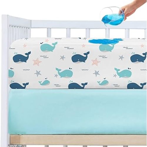 Plushii Waterproof Crib Sheets for Boys 2 Pack, 28"x 52" Extra Soft Microfiber Waterproof Crib Mattress Protector for Standard Crib & Toddler Mattress Pad Whale