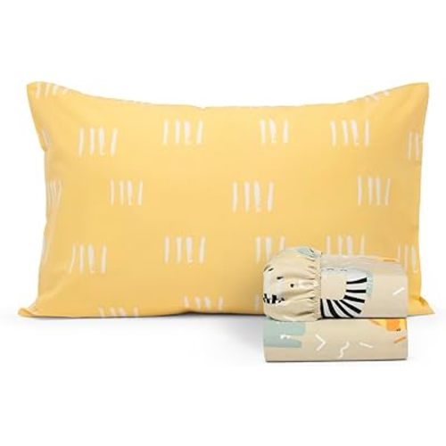 Salt Earth 100% Cotton 210TC Kids Bedsheet, Twin Sheets Set, Toddler Bed, 3 Piece Bedding Set Including Flat Sheet, Fitted Sheet & Pillowcase, Themed Cute Sheets Kids Bed (Summerland/Yellow Pillow)