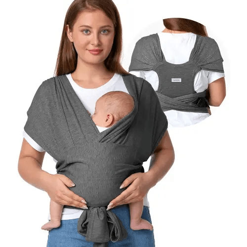 Momcozy Baby Wrap Carrier Skin-Friendly Fabric, Easy to Wear Baby Carrier Sling T-Shirt Design, Hands Free Baby Carriers Newborn to Toddler 8-35lbs, Adjustable Buckle for Waist 27-47inch, Deep Grey