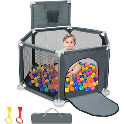 Baby Playpen for Babies and Toddlers, 50" x 50" Foldable Small Baby Play Yard Indoor & Outdoor, Safety Baby Activity Center Play Pen with Breathable Mesh and Basketball Hoop, Grey (Not Includes Balls)