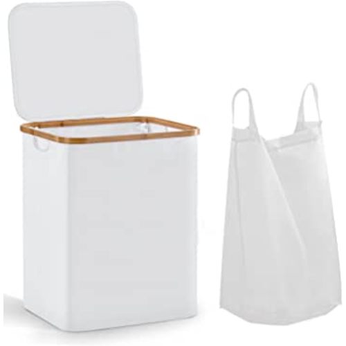 66L Laundry Hamper with Lid and Liner Bag, 19.7" Tall Laundry Basket with Handle, Waterproof and Collapsible Cloth Hamper for Bedroom and Bathroom, White