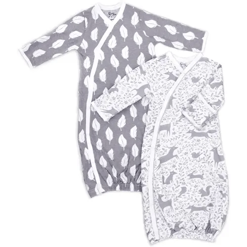 Cambria Baby 100% Organic Kimono Gowns. Side Snaps with Built in Mitts. (0-6 Months, Feathers and Forest Animals)