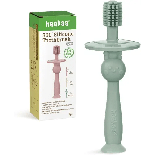 haakaa 360° Baby Toothbrush with Suction Base - Gentle Cleaning for Infant Self-Brushing Training, Food-Grade Silicone, Adjustable Safety Shield - Pea Green (1 Piece)
