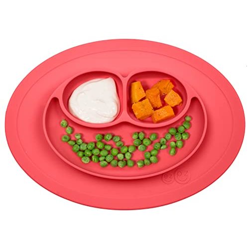 ezpz Mini Mat for 12 Months+ (Coral) - 100% Silicone Baby Plates with Suction and Built-in Placemat for Infants + Toddlers - Baby Led Weaning - for Highchair, Dining Table and Travel