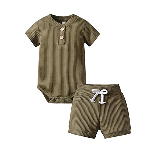 Derouetkia Summer Newborn Baby Boy Girl Clothes Solid Color Ribbed Romper and Shorts Outfits Set