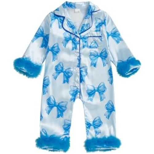 woshilaocai Baby Girl Silk Pajamas Bow Feather Trim Sleeve Button Down Romper Overall Jumpsuit Newborn Satin Pjs Nightgown