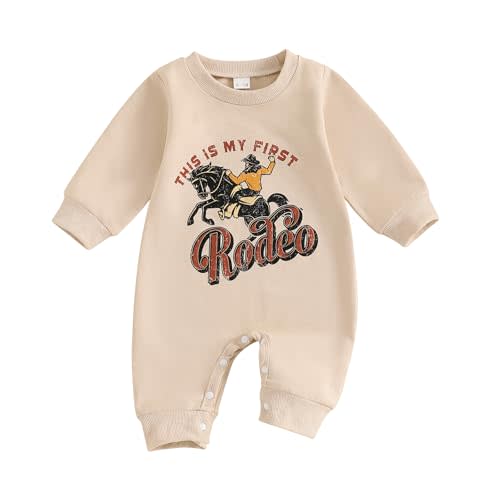 BOIZONTY One-Piece Baby Bodysuit Outfit This is My First Rodeo Letter Print Romper Jumpsuit Newborn Funny Cowboy Clothes