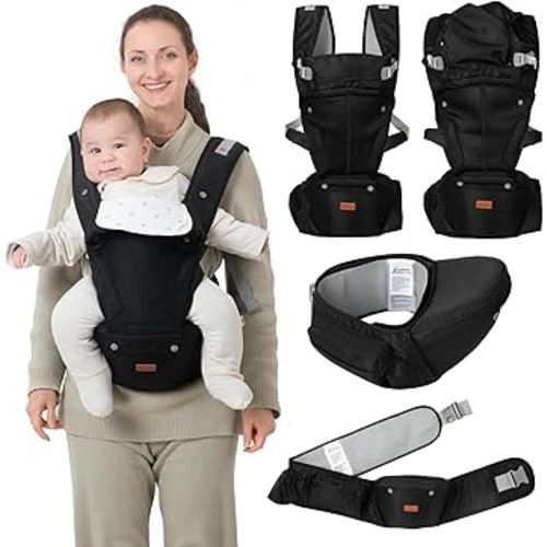 BabbleRoo 6-in-1 Baby Carrier with Hip Seat, Ergonomic, Cozy & Adjustable Toddler Carrier 7-50 lbs with Hip & Lumbar Support, Hood for Sun Protection, Baby Carrier Newborn to Toddler, Black