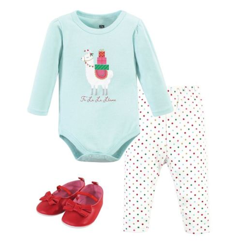 Hudson Baby Infant Girl Cotton Bodysuit, Pant and Shoe 3pc Set, Fa La Llama, 0-3 Months