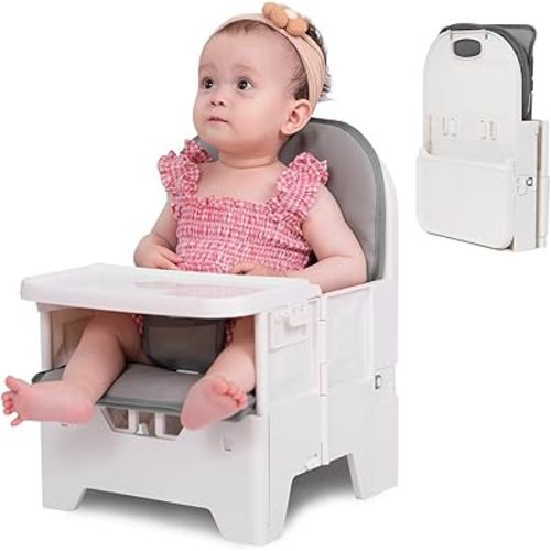BABELIO Portable Booster Seat for Kitchen Chair with PU Waterproof Cushion, Compact Folding High Baby Chair for Travel with Feeding Tray, Great for Baby, Dining Table, Camping, Beach, White Grey