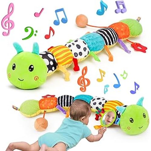 Baby Sensory Toy 0-6 Month Music Animal Stuffed Plush Caterpillar Toy for Infant 0-3-6 Month Tummy Time with Baby Mirror Crinkle Rattle for 6-12 Month Carseat Toys for Newborn Boys Girls Shower Gifts