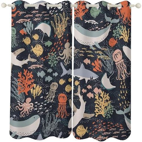 Cartoon Sea Animal Blackout Curtains for Kids, Cute Tropical Ocean Underwater World Decor Dark Backdrop Window Treatments, Grommet Drapes for Children's Room Bedroom Nursery, 42x45inch (2 Panels)